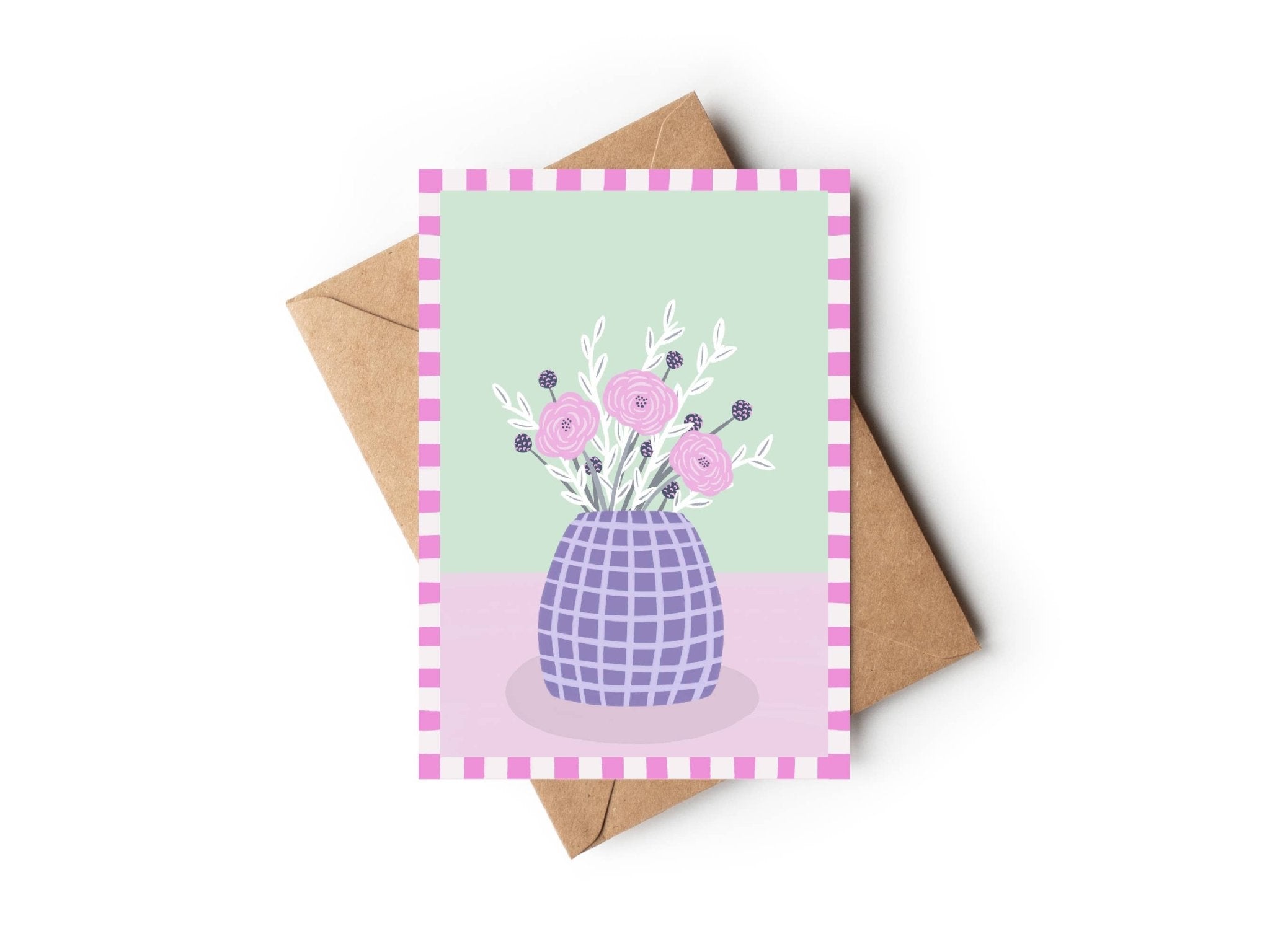 Lilac Gingham Flower Vase Any Occasion Card: Biodegradable cello bag - All Good Things
