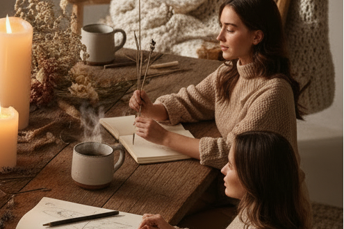 Women gathered around a rustic wooden table in a warmly lit room, writing and drawing with open notebooks and pens. The table is decorated with lit pillar candles, dried flowers, and sketchbooks, with cozy blankets and mugs in the background.
