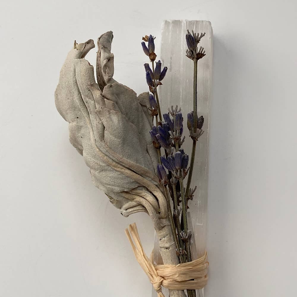 Mini Smudge Cluster, White Sage, Lavender & Selenite Wand 4" - All Good Things