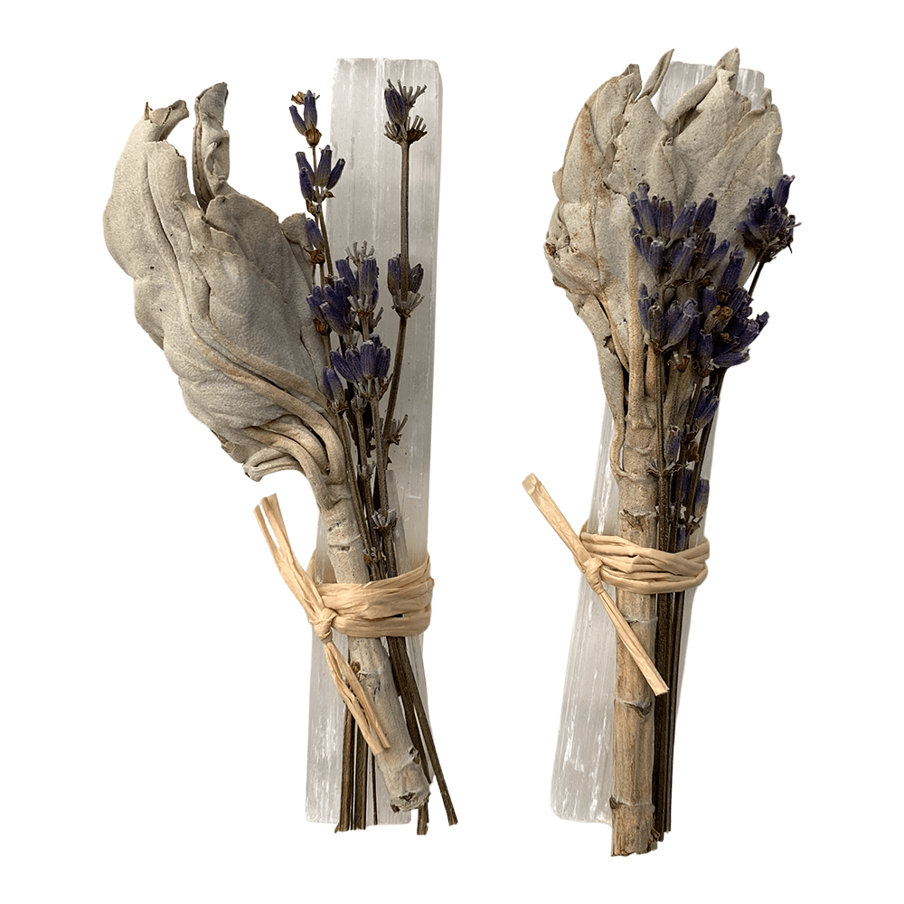 Mini Smudge Cluster, White Sage, Lavender & Selenite Wand 4" - All Good Things