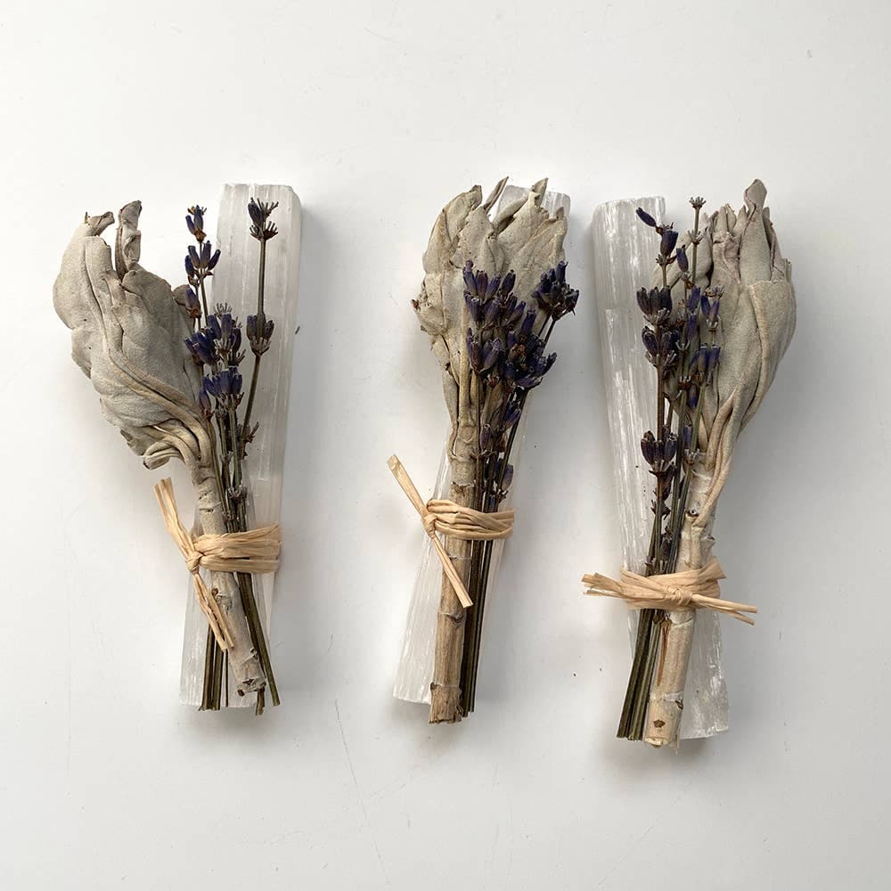 Mini Smudge Cluster, White Sage, Lavender & Selenite Wand 4" - All Good Things