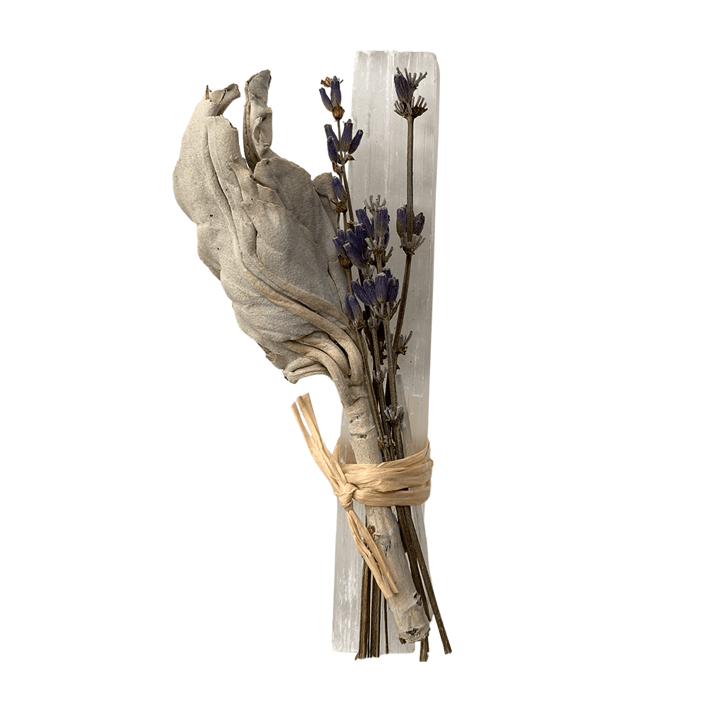 Mini Smudge Cluster, White Sage, Lavender & Selenite Wand 4" - All Good Things