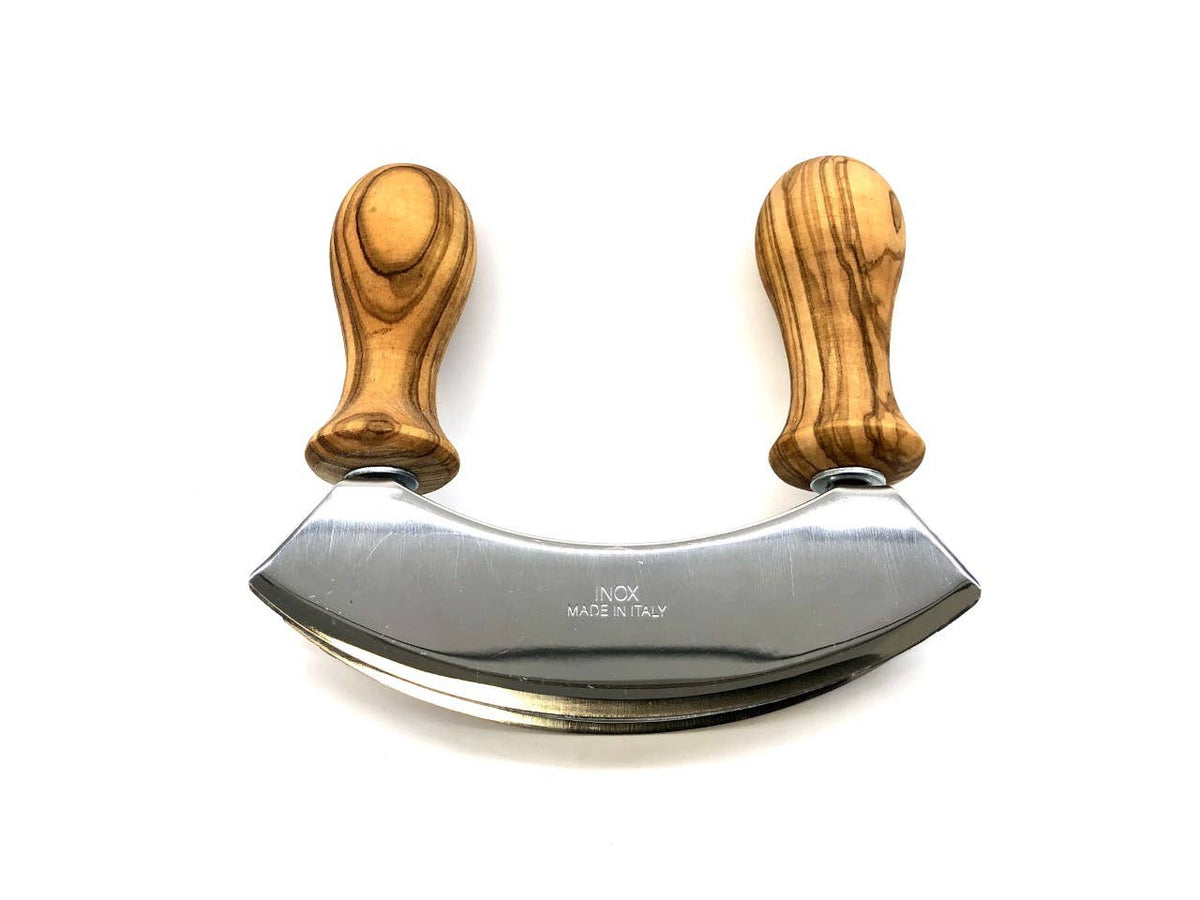 Olive wood mezzaluna, double stainless steel blade - All Good Things