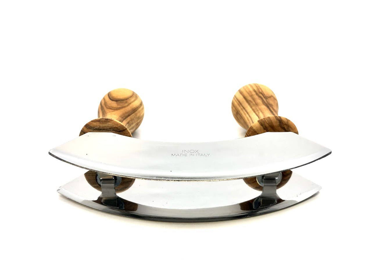 Olive wood mezzaluna, double stainless steel blade - All Good Things