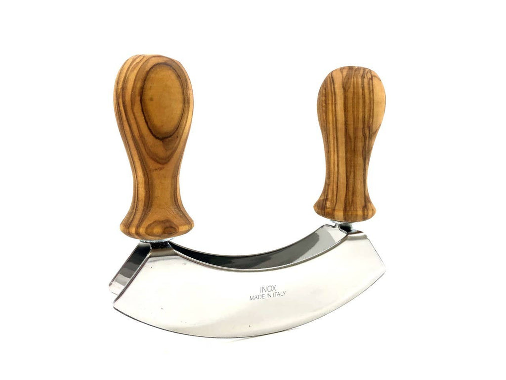 Olive wood mezzaluna, double stainless steel blade - All Good Things