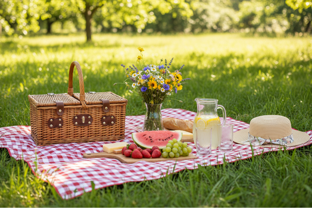 Picnic setup on a grassy field with a basket, fruits, and a pitcher.