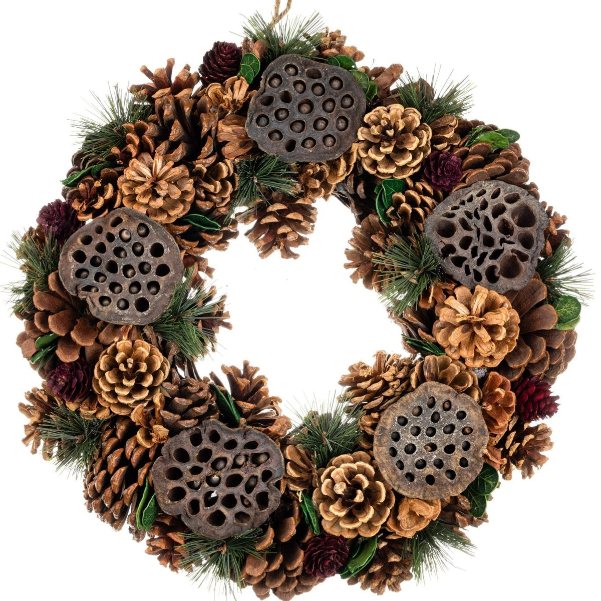 Pine Cone & Seedhead Wreath on white background - All Good Things
