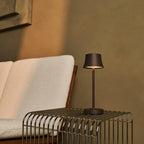 An elegant, dark brown table lamp on a stylish table next to a white sofa - All Good Things