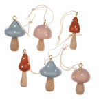 Six Mini Toadstools with strings for Hanging, in red, pale blue and pink - All Good Things