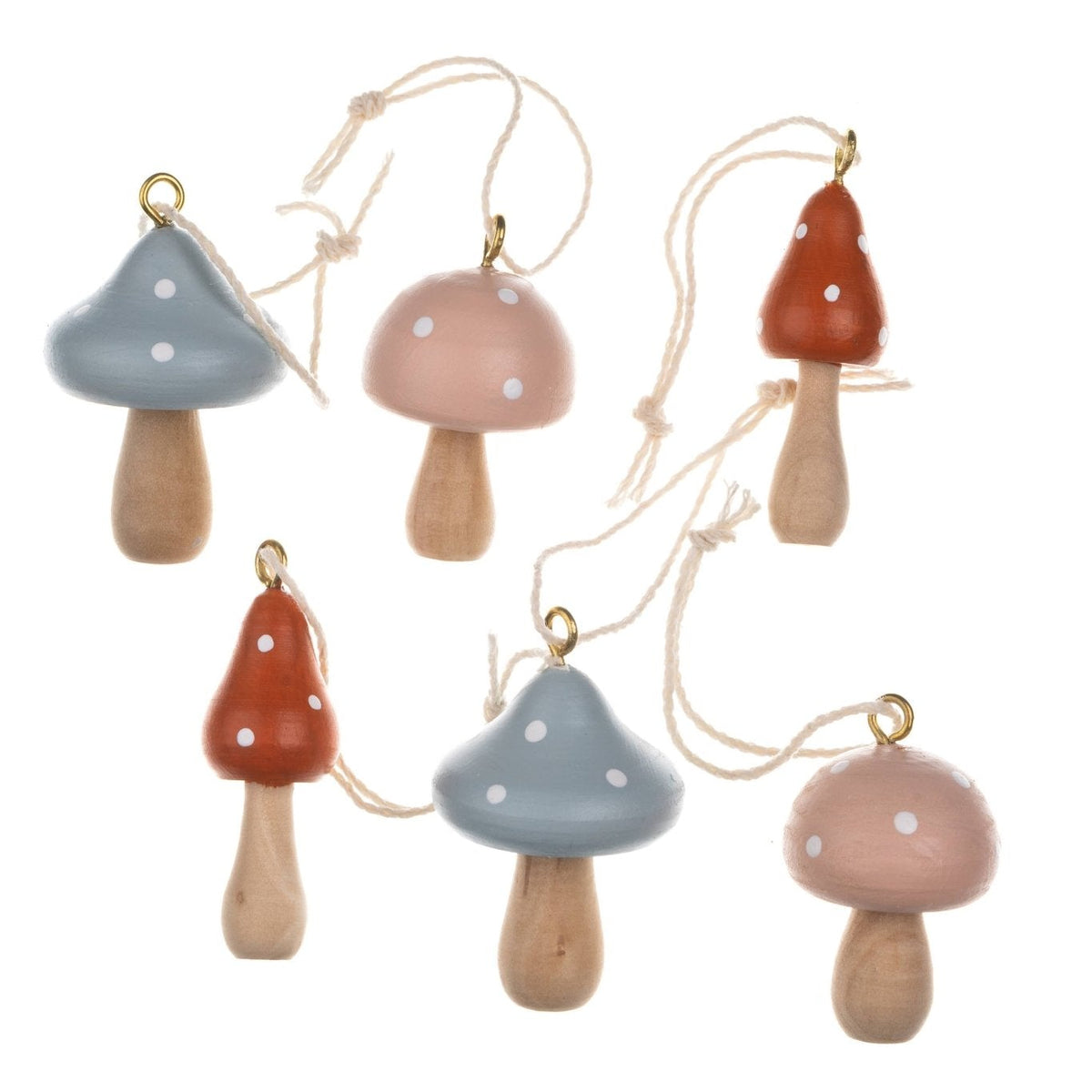 Six Mini Toadstools with strings for Hanging, in red, pale blue and pink - All Good Things
