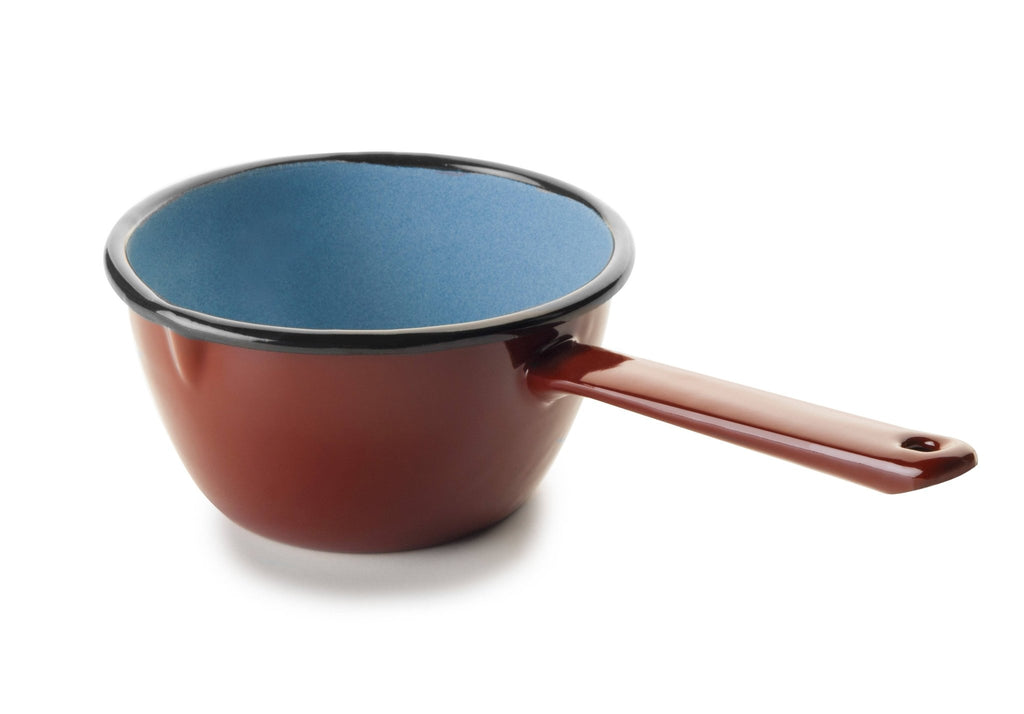 Small burgundy enamel milk pan with a blue interior on a white background - All Good Things