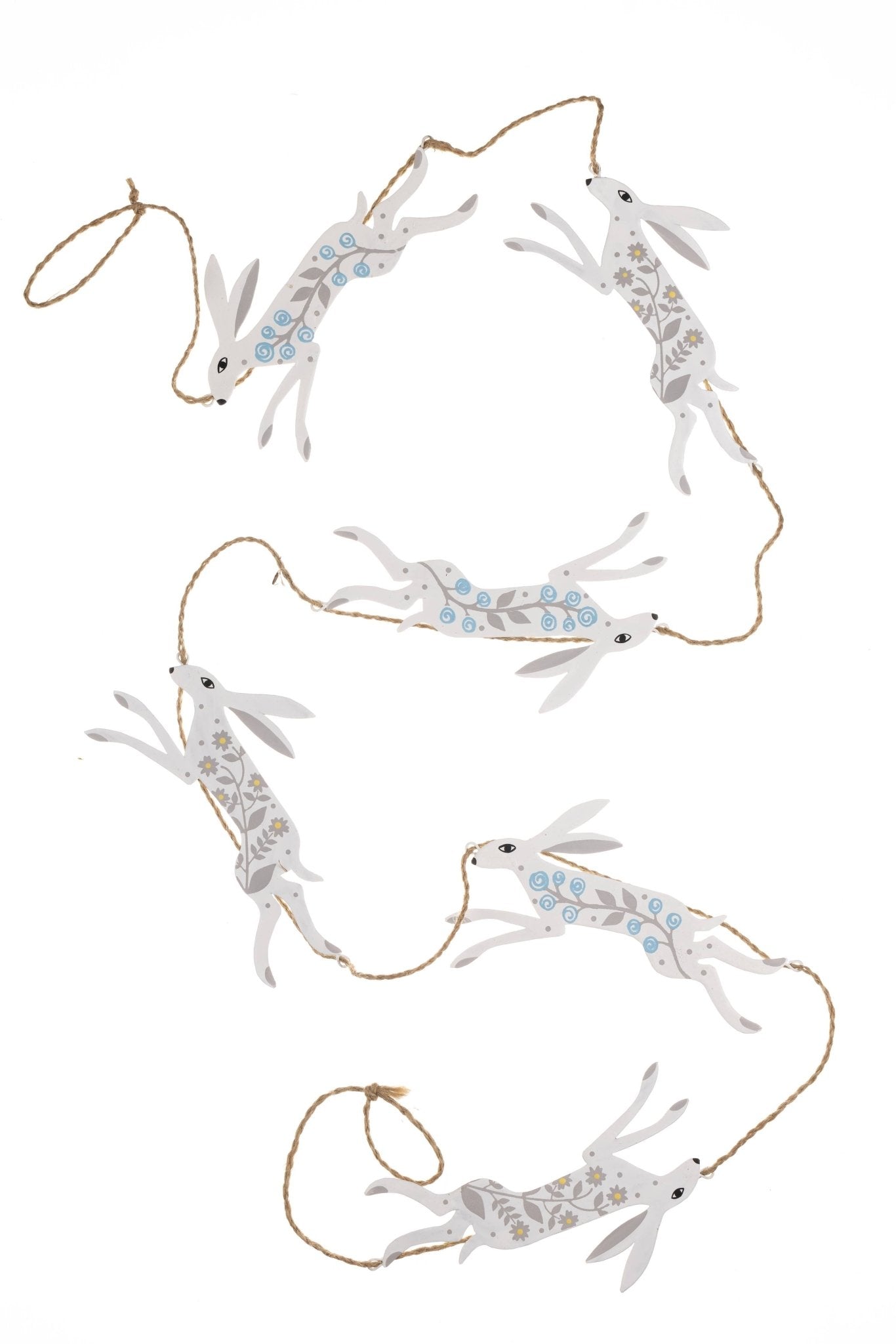 Garland of 6 grey metal hares on white, alternating between blue swirl and yellow flower patterns - All Good Things
