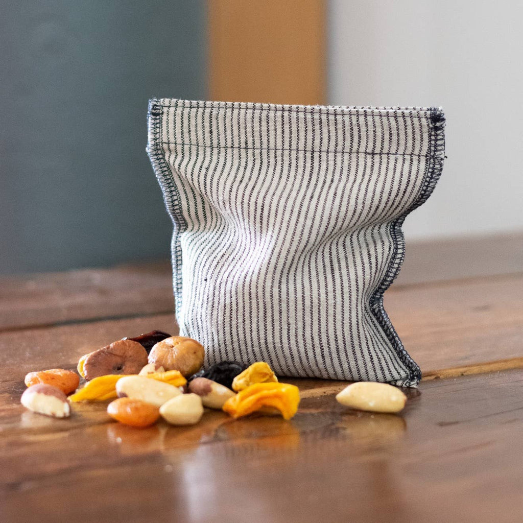 Striped Reusable Linen Snack Bag Dark Blue & Natural Stripes - All Good Things