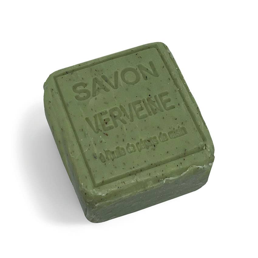 Green verbana soap bar with 'Savon Vérveine' text on a white background