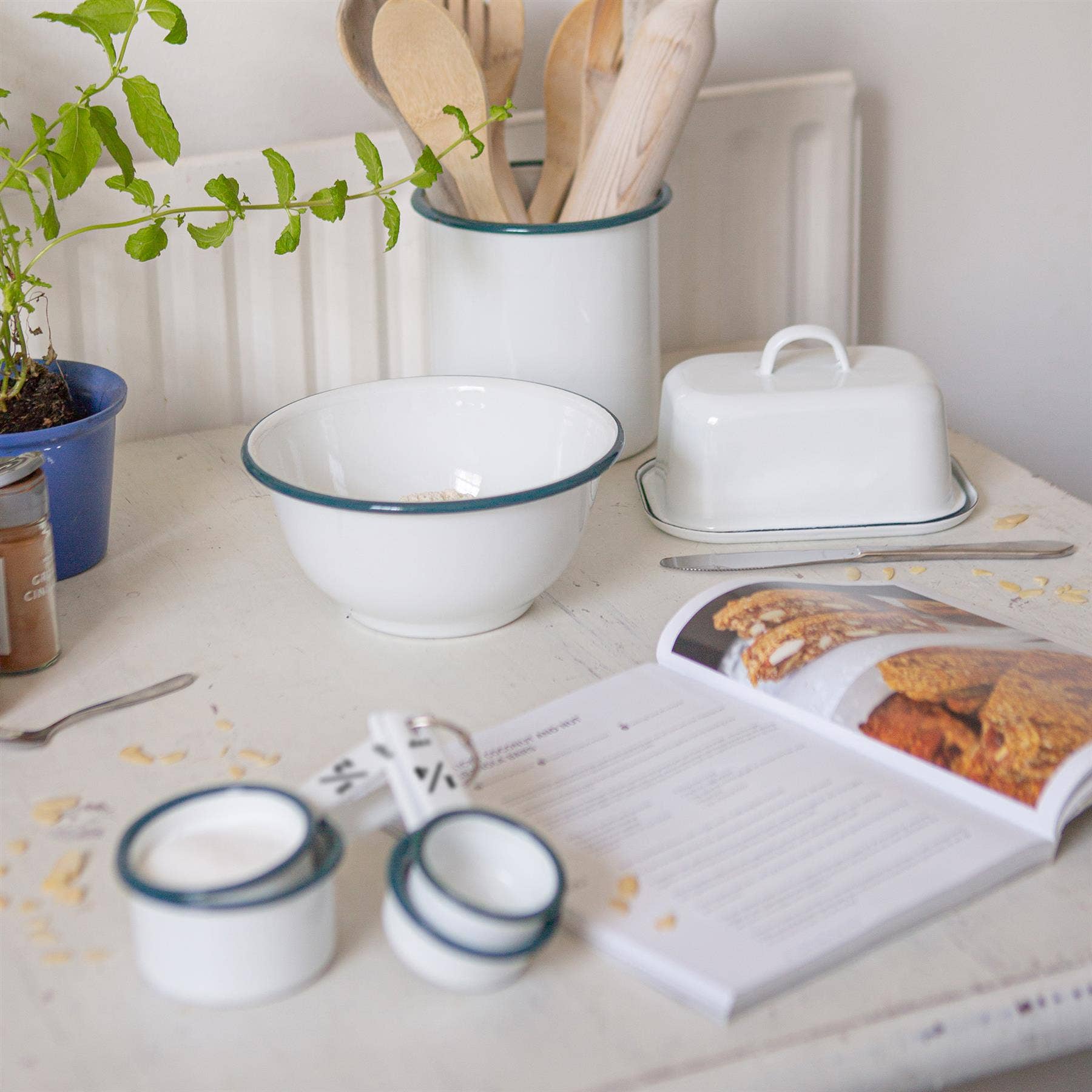 White Enamel Utensil Holder With Green Trim - All Good Things