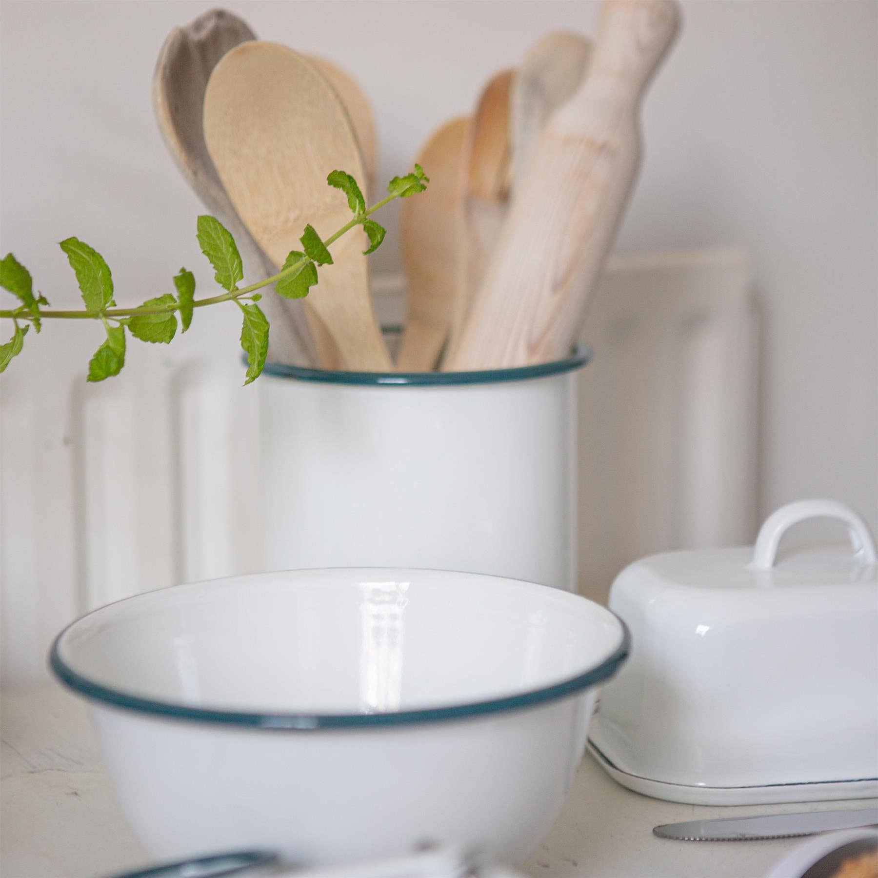 White Enamel Utensil Holder With Green Trim - All Good Things