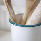 White Enamel Utensil Holder With Green Trim - All Good Things