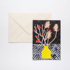 A greetings card featuring a stylised bouquet of winter berries and teasels in a yellow vase - All Good Things