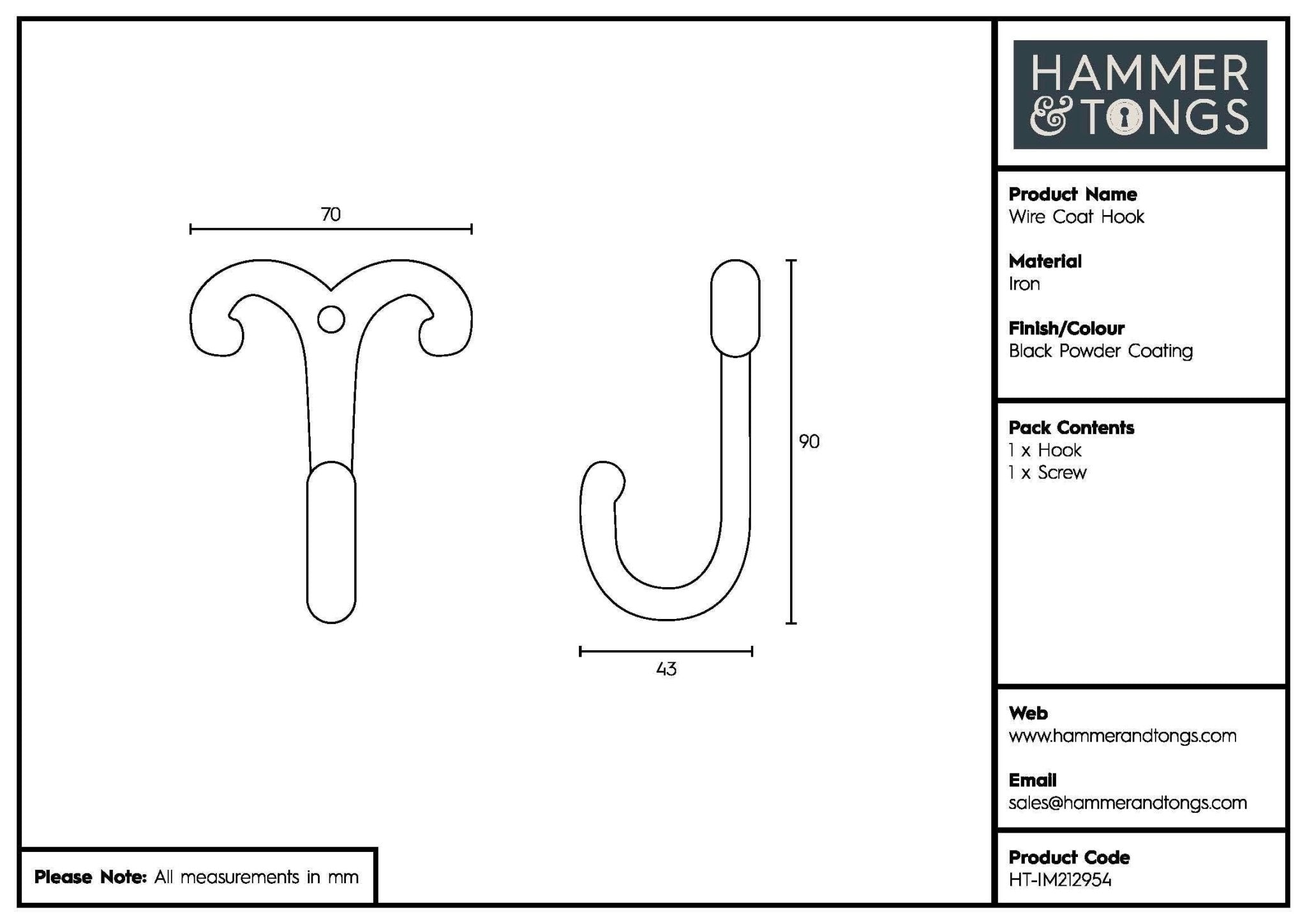 Wire Coat Hook - W70mm x H90mm - Black - All Good Things